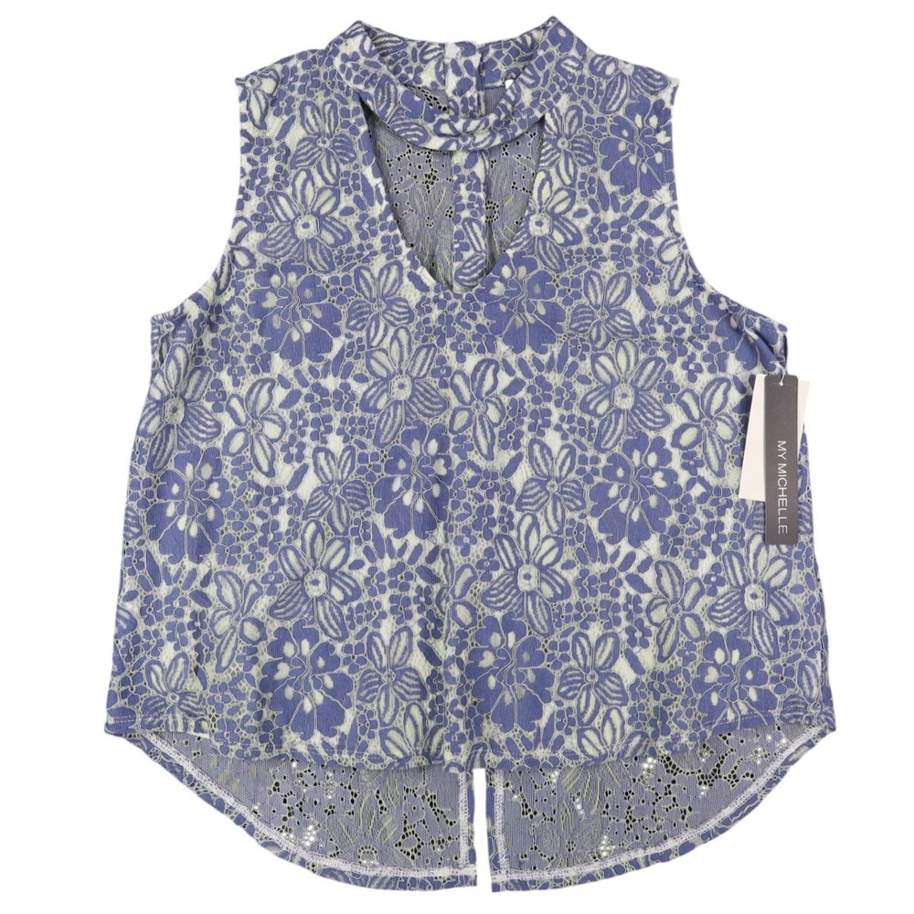 My Michelle Lace Sleeveless Top Womens Large Blue White Floral Choker Neck NWT